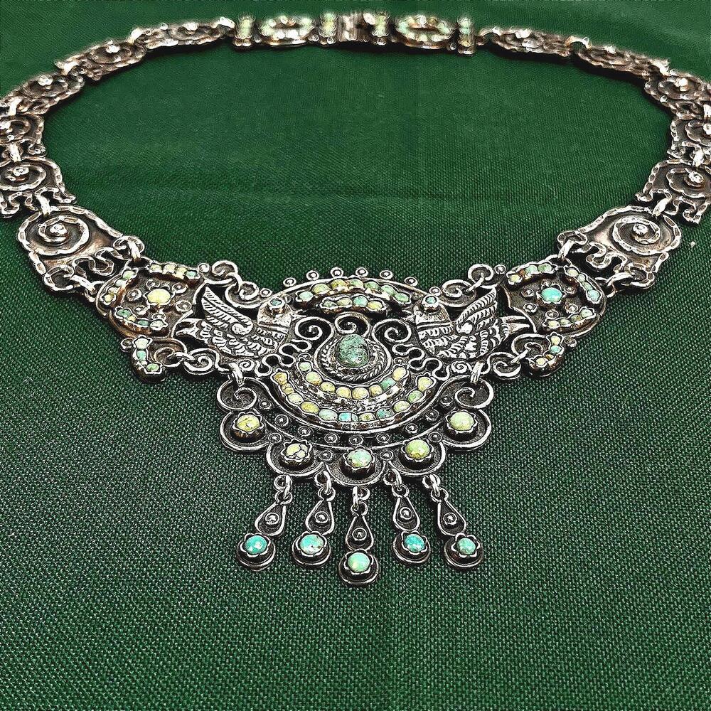 1940s MCM Matl Style Silver‎ & Turquoise Necklace - Signed - Gustavo Martinez